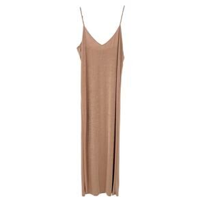 Zara Womens Cocktail Party Coquette V-Neck Slinky Metallic Slip Dress Size M Tan